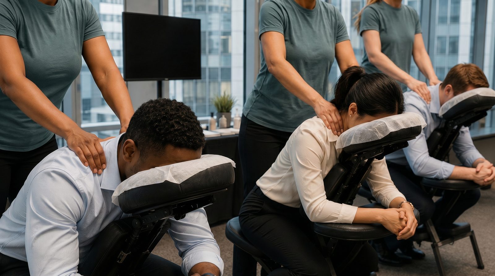 Chair massage in an office, from the body basics media kit
